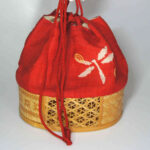 red kimono drawstring pouch called "Kinchaku"